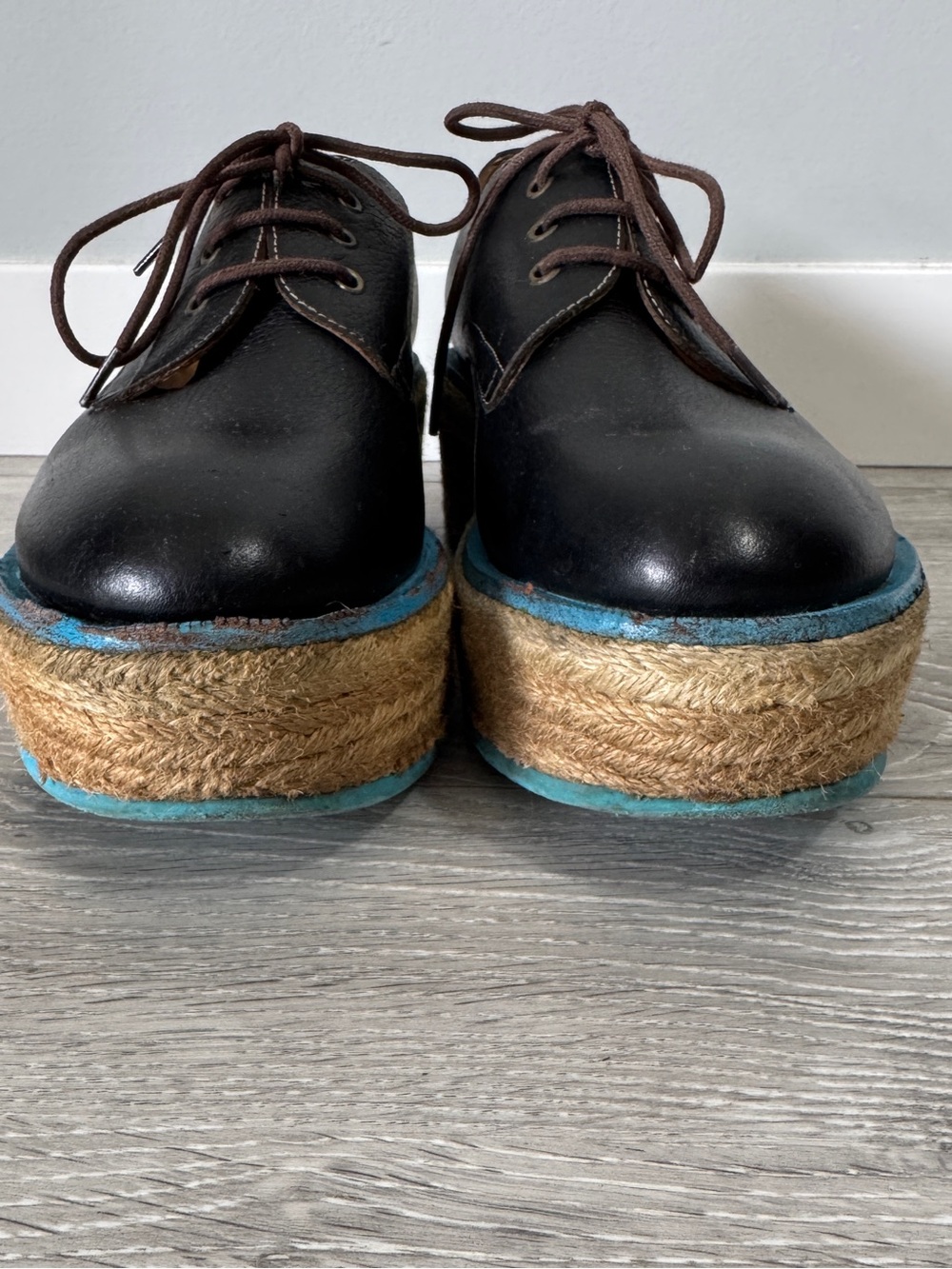 John Fluevog Espadrille Martin Platform Oxfords Black Leather Sz 6 Rare - Picture 5 of 11